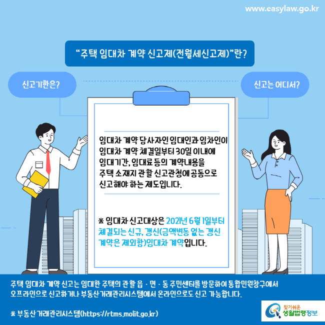 www.easylaw.go.kr “주택 임대차 계약 신고제(전월세신고제)”란? 신고기한은? 신고는 어디서? 임대차 계약 당사자인 임대인과 임차인이 임대차 계약 체결일부터 30일 이내에 임대기간, 임대료 등의 계약내용을 주택 소재지 관할 신고관청에 공동으로 신고해야 하는 제도입니다. ※ 임대차 신고대상은 2021년 6월 1일부터 체결되는 신규, 갱신(금액변동 없는 갱신계약은 제외함)임대차 계약입니다. 주택 임대차 계약 신고는 임대한 주택의 관할 읍·면·동 주민센터를 방문하여 통합민원창구에서 오프라인으로 신고하거나 부동산거래관리시스템에서 온라인으로도 신고 가능합니다. ※ 부동산거래관리시스템(https://rtms.molit.go.kr) 찾기쉬운 생활법령정보