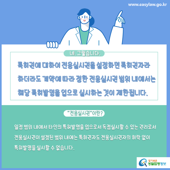 www.easylaw.go.kr 네. 그렇습니다. 특허권에 대하여 전용실시권을 설정하면 특허권자라 하더라도 계약에 따라 정한 전용실시권 범위 내에서는 해당 특허발명을 업으로 실시하는 것이 제한됩니다. "전용실시권"이란? 일정 범위 내에서 타인의 특허발명을 업으로서 독점실시할 수 있는 권리로서 전용실시권이 설정된 범위 내에는 특허권자도 전용실시권자의 허락 없이 특허발명을 실시할 수 없습니다.