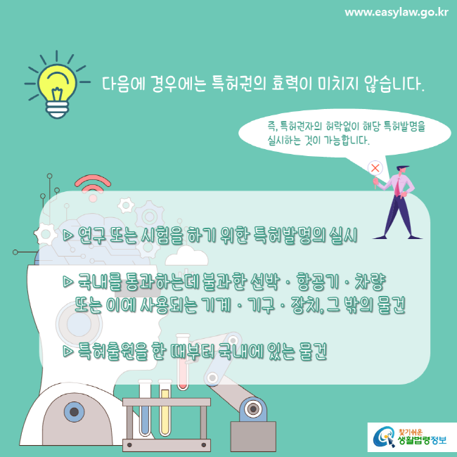 www.easylaw.go.kr 다음에 경우에는 특허권의 효력이 미치지 않습니다. 즉, 특허권자의 허락없이 해당 특허발명을 실시하는 것이 가능합니다. ▶ 연구 또는 시험을 하기 위한 특허발명의 실시 ▶ 국내를 통과하는데 불과한 선박·항공기·차량 또는 이에 사용되는 기계·기구·장치, 그 밖의 물건 ▶ 특허출원을 한 때부터 국내에 있는 물건