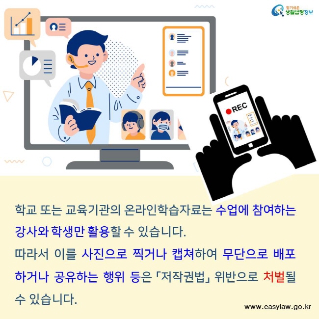 찾기쉬운 생활법령정보 학교 또는 교육기관의 온라인학습자료는 수업에 참여하는 강사와 학생만 활용할 수 있습니다. 따라서 이를 사진으로 찍거나 캡쳐하여 무단으로 배포하거나 공유하는 행위 등은 「저작권법」 위반으로 처벌될 수 있습니다. www.easylaw.go.kr