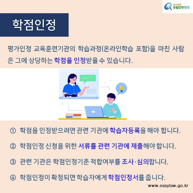 찾기쉬운 생활법령정보 학점인정 평가인정 교육훈련기관의 학습과정(온라인학습 포함)을 마친 사람은 그에 상당하는 학점을 인정받을 수 있습니다. 학점을 인정받으려면 관련 기관에 학습자등록을 해야 합니다. 학점인정 신청을 위한 서류를 관련 기관에 제출해야 합니다. 관련 기관은 학점인정기준 적합여부를 조사·심의합니다. 학점인정이 확정되면 학습자에게 학점인정서를 줍니다. www.easylaw.go.kr