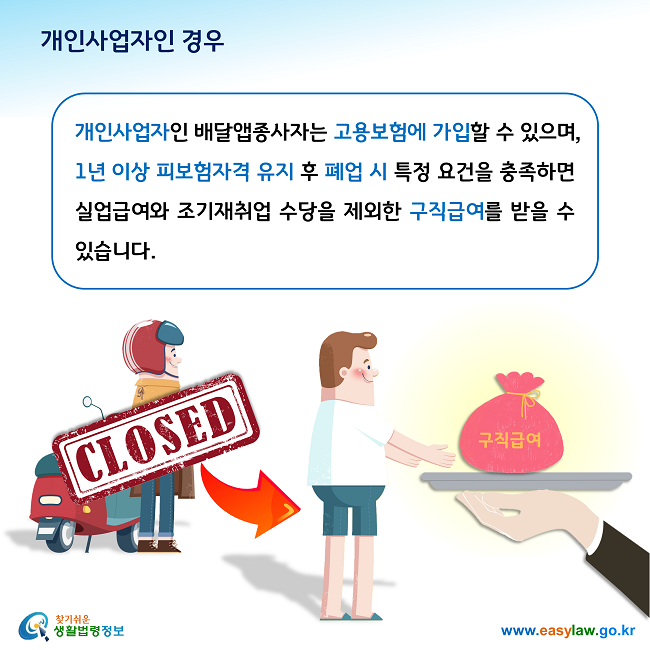 개인사업자인 경우

개인사업자인 배달앱종사자는 고용보험에 가입할 수 있으며, 1년 이상 피보험자격 유지 후 폐업 시 특정 요건을 충족하면 실업급여와 조기재취업 수당을 제외한 구직급여를 받을 수 있습니다. 
