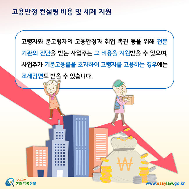 고용안정 컨설팅 비용 및 세제 지원 고령자와 준고령자의 고용안정과 취업 촉진 등을 위해 전문기관의 진단을 받는 사업주는 그 비용을 지원받을 수 있으며, 사업주가 기준고용률을 초과하여 고령자를 고용하는 경우에는 조세감면도 받을 수 있습니다.  