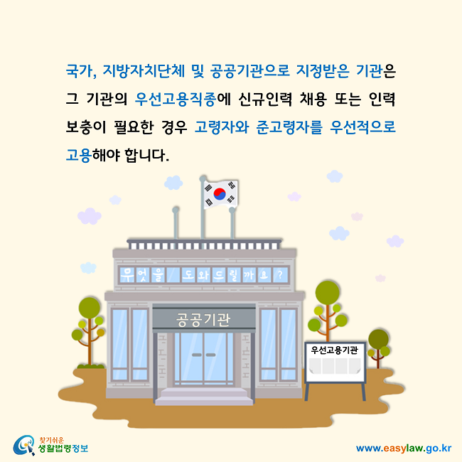 국가, 지방자치단체 및 공공기관으로 지정받은 기관은 그 기관의 우선고용직종에 신규인력 채용 또는 인력보충이 필요한 경우 고령자와 준고령자를 우선적으로 고용해야 합니다.