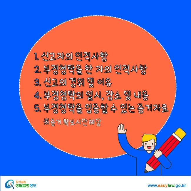 1. 신고자의 인적사항 2. 부정청탁을 한 자의 인적사항 3. 신고의 경위 및 이유 4. 부정청탁의 일시, 장소 및 내용 5. 부정청탁을 입증할 수 있는 증거자료(증거 확보시만 해당) 찾기 쉬운 생활법령정보 www.easylaw.go.kr