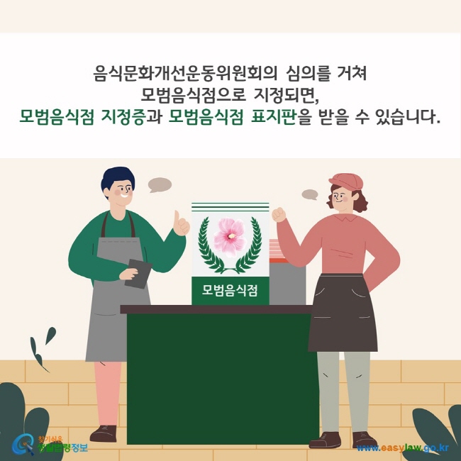 음식문화개선운동위원회의 심의를 거쳐 모범음식점으로 지정되면, 모범음식점 지정증과 모범음식점 표지판을 받을 수 있습니다. 찾기쉬운 생활법령정보(www.easylaw.go.kr)