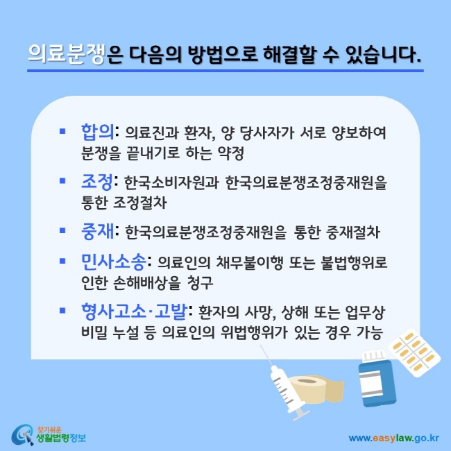 의료분쟁은 다음의 방법으로 해결할 수 있습니다. 합의: 의료진과 환자, 양 당사자가 서로 양보하여분쟁을 끝내기로 하는 약정, 조정: 한국소비자원과 한국의료분쟁조정중재원을 통한 조정절차, 중재: 한국의료분쟁조정중재원을 통한 중재절차, 민사소송: 의료인의 채무불이행 또는 불법행위로 인한 손해배상을 청구, 형사고소·고발: 환자의 사망, 상해 또는 업무상 비밀 누설 등 의료인의 위법행위가 있는 경우 가능 찾기쉬운 생활법령정보(www.easylaw.go.kr)
