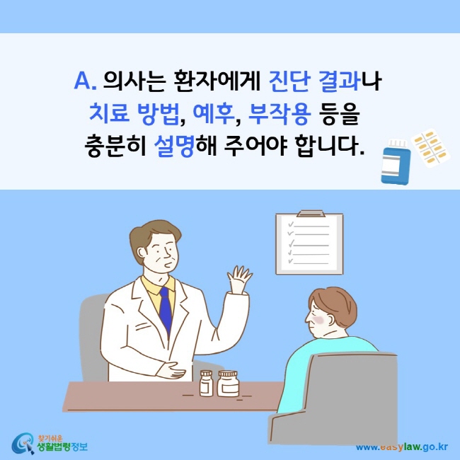  A. 의사는 환자에게 진단 결과나 치료 방법, 예후, 부작용 등을 충분히 설명해 주어야 합니다. 찾기쉬운 생활법령정보(www.easylaw.go.kr)