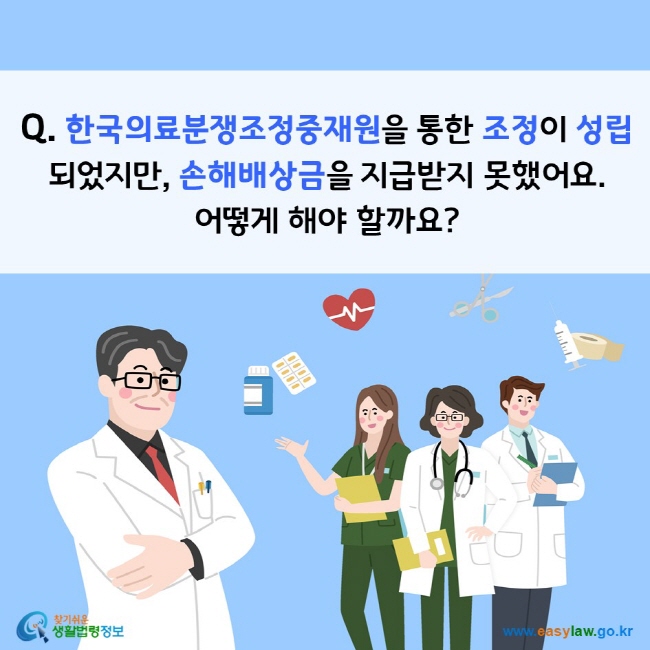 Q. 한국의료분쟁조정중재원을 통한 조정이 성립되었지만, 손해배상금을 지급받지 못했어요. 어떻게 해야 할까요? 찾기쉬운 생활법령정보(www.easylaw.go.kr)