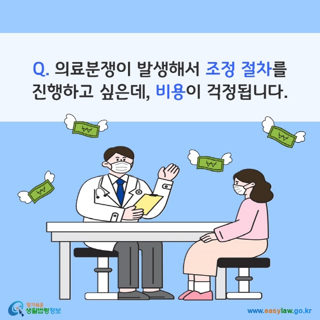 Q. 의료분쟁이 발생해서 조정 절차를 진행하고 싶은데, 비용이 걱정됩니다. 찾기쉬운 생활법령정보(www.easylaw.go.kr)