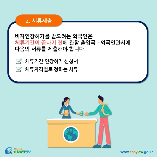 2. 서류제출 비자연장허가를 받으려는 외국인은  체류기간이 끝나기 전에 관할 출입국ㆍ외국인관서에  다음의 서류를 제출해야 합니다. 체류기간 연장허가 신청서 체류자격별로 정하는 서류