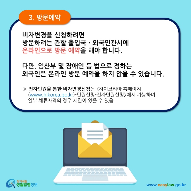 3. 방문예약  비자변경을 신청하려면  방문하려는 관할 출입국ㆍ외국인관서에  온라인으로 방문 예약을 해야 합니다.   다만, 임산부 및 장애인 등 법으로 정하는  외국인은 온라인 방문 예약을 하지 않을 수 있습니다. ※ 전자민원을 통한 비자변경신청은 하이코리아 홈페이지     (www.hikorea.go.kr)-민원신청-전자민원신청에서 가능하며,      일부 체류자격의 경우 제한이 있을 수 있음