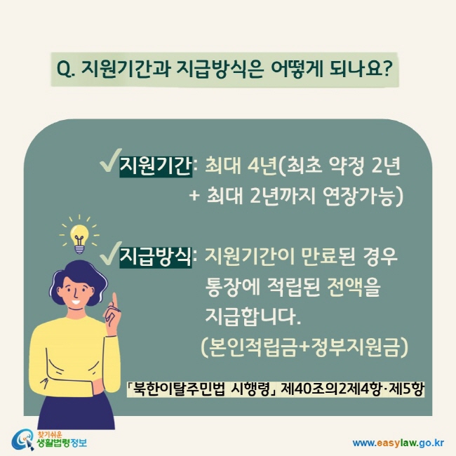  Q. 지원기간과 지급방식은 어떻게 되나요?  √ 지원기간: 최대 4년(최초 약정 2년+ 최대 2년까지 연장가능)  √ 지급방식: 지원기간이 만료된 경우 통장에 적립된 전액을 지급합니다. (본인적립금+정부지원금)  「북한이탈주민법 시행령」 제40조의2제4항·제5항