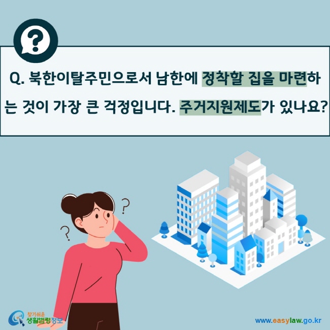 Q. 북한이탈주민으로서 남한에 정착할 집을 마련하는 것이 가장 큰 걱정입니다. 주거지원제도가 있나요? 