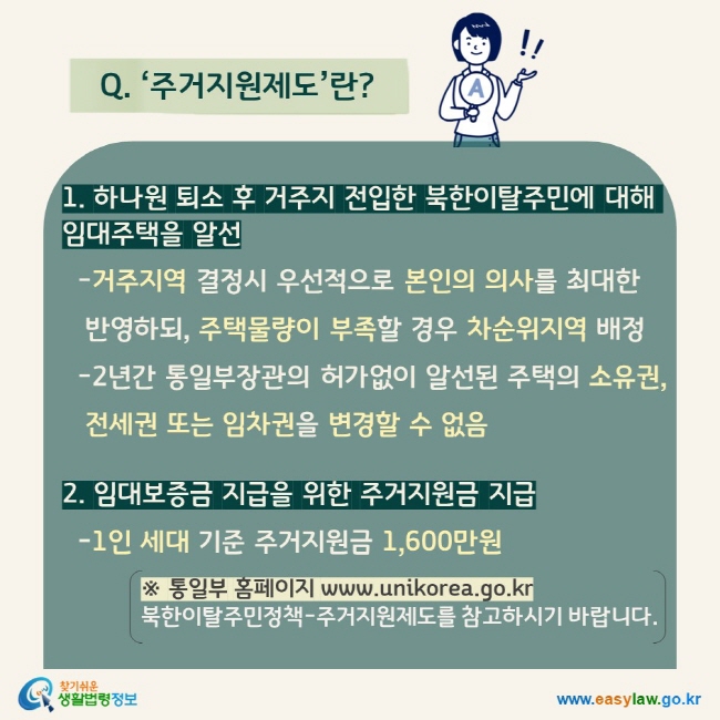 Q. ‘주거지원제도’란?  1. 하나원 퇴소 후 거주지 전입한 북한이탈주민에 대해 임대주택을 알선  -거주지역 결정시 우선적으로 본인의 의사를 최대한 반영하되, 주택물량이 부족할 경우 차순위지역 배정   -2년간 통일부장관의 허가없이 알선된 주택의 소유권, 전세권 또는 임차권을 변경할 수 없음  2. 임대보증금 지급을 위한 주거지원금 지급  -1인 세대 기준 주거지원금 1,600만원  ※ 통일부 홈페이지 www.unikorea.go.kr 북한이탈주민정책-주거지원제도를 참고하시기 바랍니다.   