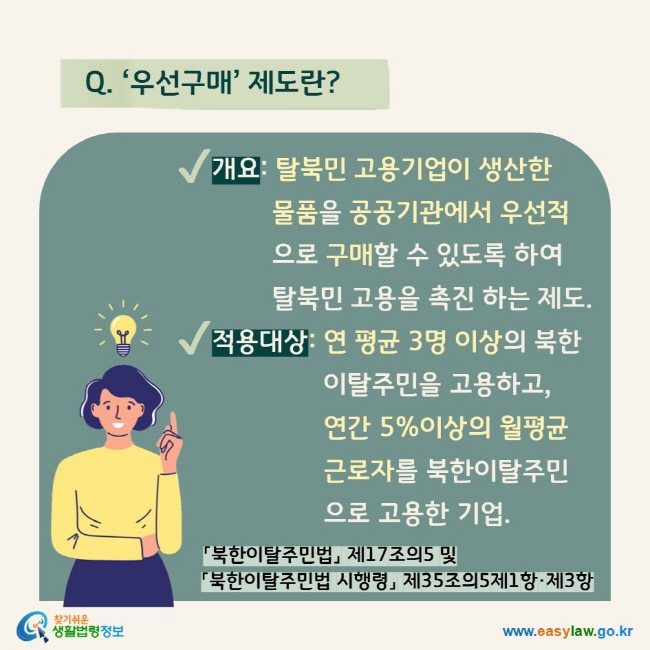  Q. ‘우선구매’ 제도란?  √ 개요: 탈북민 고용기업이 생산한 물품을 공공기관에서 우선적으로 구매할 수 있도록 하여 탈북민 고용을 촉진 하는 제도. √ 적용대상: 연 평균 3명 이상의 북한이탈주민을 고용하고, 연간 5%이상의 월평균 근로자를 북한이탈주민으로 고용한 기업.  「북한이탈주민법」 제17조의5 및 「북한이탈주민법 시행령」 제35조의5제1항·제3항