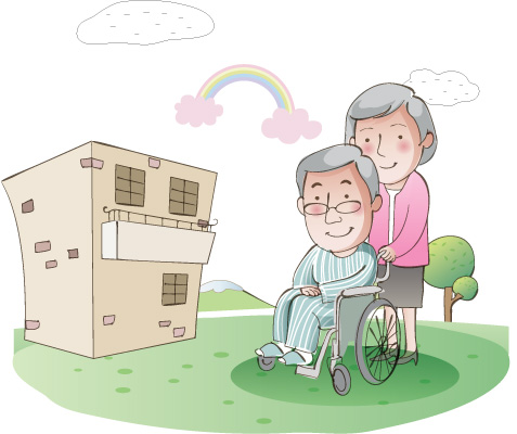 요양병원과 휠체어를 탄 노인의 그림
