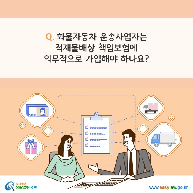 www.easylaw.go.kr Q. 화물자동차 운송사업자는 적재물배상 책임보험에 의무적으로 가입해야 하나요?