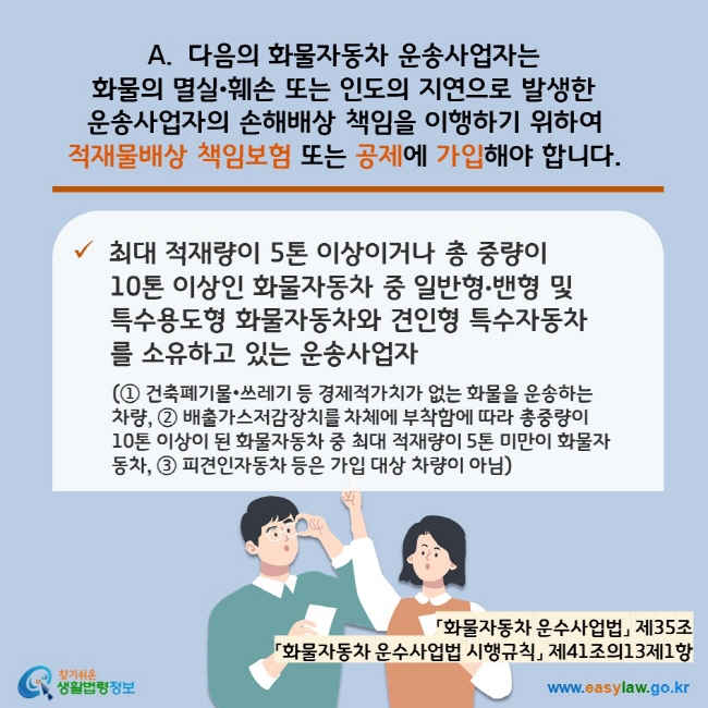 www.easylaw.go.kr A. 다음의 화물자동차 운송사업자는  화물의 멸실•훼손 또는 인도의 지연으로 발생한  운송사업자의 손해배상 책임을 이행하기 위하여  적재물배상 책임보험 또는 공제에 가입해야 합니다.   √ 최대 적재량이 5톤 이상이거나 총 중량이 10톤 이상인 화물자동차 중 일반형•밴형 및 특수용도형 화물자동차와 견인형 특수자동차를 소유하고 있는 운송사업자 (① 건축폐기물•쓰레기 등 경제적가치가 없는 화물을 운송하는 차량, ② 배출가스저감장치를 차체에 부착함에 따라 총중량이 10톤 이상이 된 화물자동차 중 최대 적재량이 5톤 미만이 화물자동차, ③ 피견인자동차 등은 가입 대상 차량이 아님) 「화물자동차 운수사업법」 제35조  「화물자동차 운수사업법 시행규칙」 제41조의13제1항 