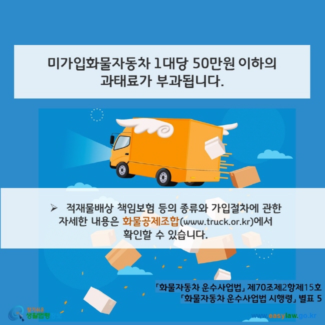 www.easylaw.go.kr 미가입화물자동차 1대당 50만원 이하의  과태료가 부과됩니다. ▶ 적재물배상 책임보험 등의 종류와 가입절차에 관한  자세한 내용은 화물공제조합(www.truck.or.kr)에서  확인할 수 있습니다. 「화물자동차 운수사업법」 제70조제2항제15호  「화물자동차 운수사업법 시행령」 별표 5