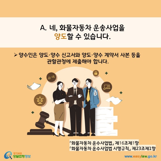 www.easylaw.go.kr A. 네, 화물자동차 운송사업을 양도할 수 있습니다. √양수인은 양도·양수 신고서와 양도·양수 계약서 사본 등을  관할관청에 제출해야 합니다. 「화물자동차 운수사업법」 제16조제1항 「화물자동차 운수사업법 시행규칙」 제23조제1항