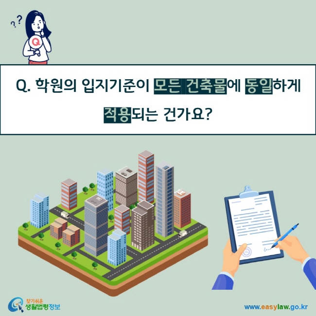 Q. 학원의 입지기준이 모든 건축물에 동일하게 적용되는 건가요?