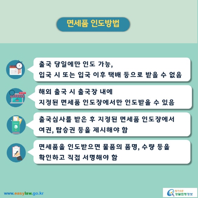 면세품 인도방법  출국 당일에만 인도 가능,  입국 시 또는 입국 이후 택배 등으로 받을 수 없음  해외 출국 시 출국장 내에  지정된 면세품 인도장에서만 인도받을 수 있음  출국심사를 받은 후 지정된 면세품 인도장에서 여권, 탑승권 등을 제시해야 함  면세품을 인도받으면 물품의 품명, 수량 등을  확인하고 직접 서명해야 함