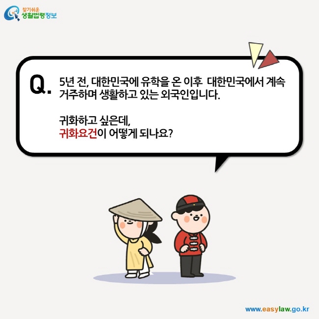 5년 전, 대한민국에 유학을 온 이후  대한민국에서 계속 거주하며 생활하고 있는 외국인입니다.  귀화하고 싶은데, 귀화요건이 어떻게 되나요?