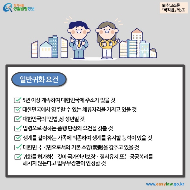 일반귀화 요건 5년 이상 계속하여 대한민국에 주소가 있을 것 대한민국에서 영주할 수 있는 체류자격을 가지고 있을 것 대한민국의 「민법」상 성년일 것  법령으로 정하는 품행 단정의 요건을 갖출 것 생계를 같이하는 가족에 의존하여 생계를 유지할 능력이 있을 것 대한민국 국민으로서의 기본 소양(素養)을 갖추고 있을 것 귀화를 허가하는 것이 국가안전보장ㆍ질서유지 또는 공공복리를  해치지 않는다고 법무부장관이 인정할 것  ▣ 참고조문 「국적법」 제5조