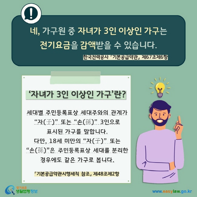 네, 가구원 중 자녀가 3인 이상인 가구는  전기요금을 감액받을 수 있습니다. 한국전력공사 「기본공급약관」 제67조제6항  ‘자녀가 3인 이상인 가구’란? 세대별 주민등록표상 세대주와의 관계가 “자(子)” 또는 “손(孫)” 3인으로  표시된 가구를 말합니다. 다만, 18세 미만의 “자(子)” 또는  “손(孫)”은 주민등록표상 세대를 분리한 경우에도 같은 가구로 봅니다. 「기본공급약관시행세칙 참조」 제48조제2항  