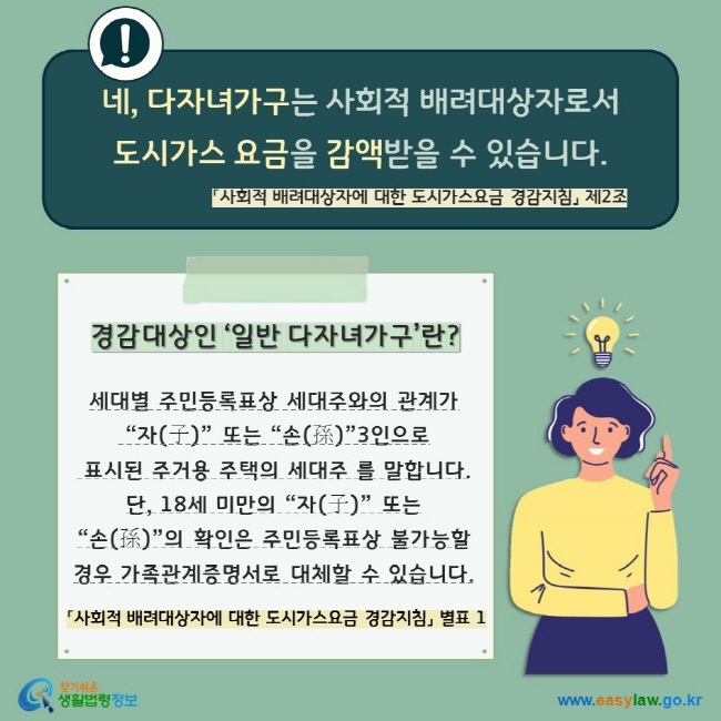 네, 다자녀가구는 사회적 배려대상자로서  도시가스 요금을 감액받을 수 있습니다.  「사회적 배려대상자에 대한 도시가스요금 경감지침」 제2조 경감대상인 ‘일반 다자녀가구’란? 세대별 주민등록표상 세대주와의 관계가  “자(子)” 또는 “손(孫)”3인으로  표시된 주거용 주택의 세대주 를 말합니다. 단, 18세 미만의 “자(子)” 또는 “손(孫)”의 확인은 주민등록표상 불가능할  경우 가족관계증명서로 대체할 수 있습니다. 「사회적 배려대상자에 대한 도시가스요금 경감지침」 별표 1    