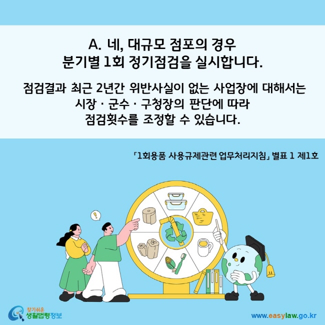 A. 네, 대규모 점포의 경우  분기별 1회 정기점검을 실시합니다.   점검결과 최근 2년간 위반사실이 없는 사업장에 대해서는  시장ㆍ군수ㆍ구청장의 판단에 따라 점검횟수를 조정할 수 있습니다.  「1회용품 사용규제관련 업무처리지침」 별표 1 제1호