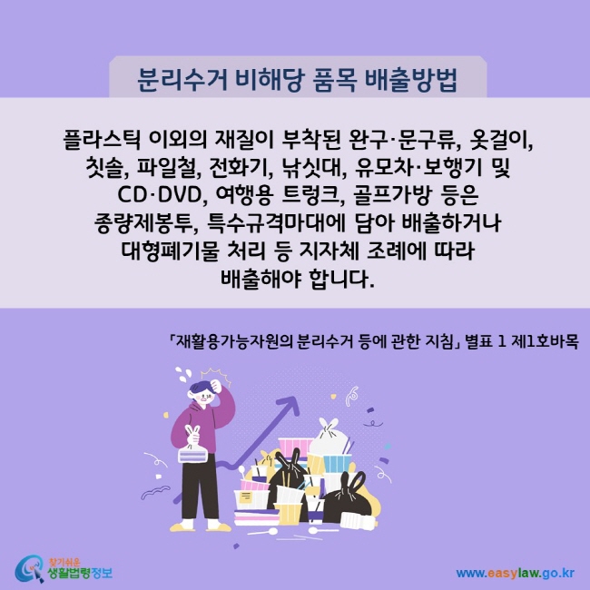 분리수거 비해당 품목 배출방법 플라스틱 이외의 재질이 부착된 완구·문구류, 옷걸이,  칫솔, 파일철, 전화기, 낚싯대, 유모차·보행기 및 CD·DVD, 여행용 트렁크, 골프가방 등은 종량제봉투, 특수규격마대에 담아 배출하거나 대형폐기물 처리 등 지자체 조례에 따라  배출해야 합니다.    「재활용가능자원의 분리수거 등에 관한 지침」 별표 1 제1호바목