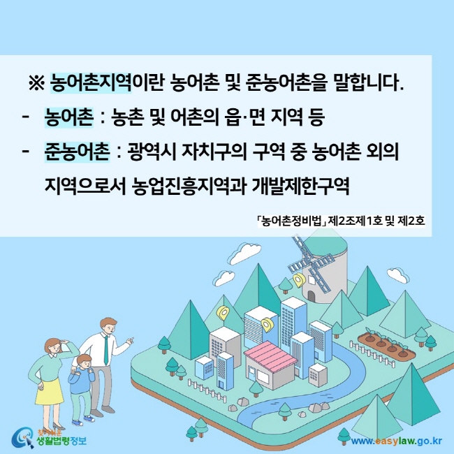 ※ 농어촌지역이란 농어촌 및 준농어촌을 말합니다. 농어촌 : 농촌 및 어촌의 읍·면 지역 등 준농어촌 : 광역시 자치구의 구역 중 농어촌 외의 지역으로서 농업진흥지역과 개발제한구역  「농어촌정비법」 제2조제1호 및 제2호 찾기쉬운 생활법령정보 (www.easylaw.go.kr)