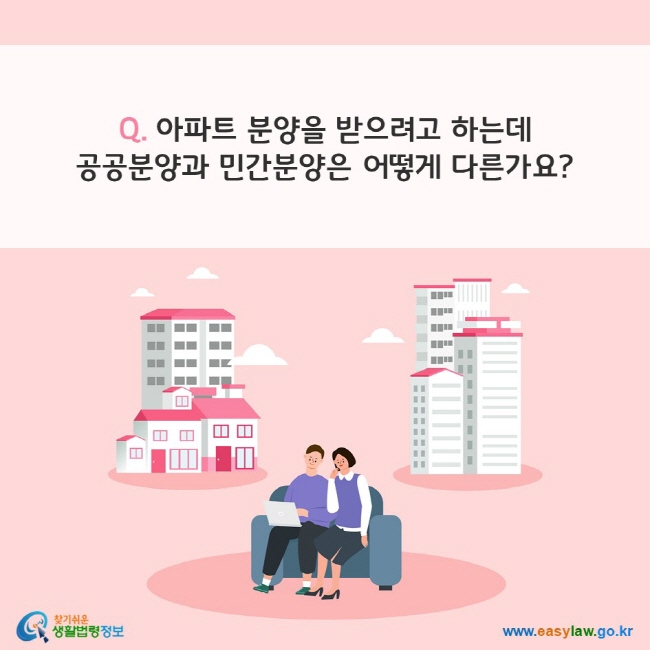 Q. 아파트 분양을 받으려고 하는데 공공분양과 민간분양은 어떻게 다른가요?
찾기쉬운 생활법령정보(www.easylaw.go.kr)