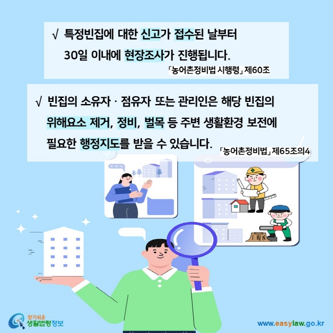  √  특정빈집에 대한 신고가 접수된 날부터 30일 이내에 현장조사가 진행됩니다. 「농어촌정비법 시행령」 제60조  √  빈집의 소유자ㆍ점유자 또는 관리인은 해당 빈집의 위해요소 제거, 정비, 벌목 등 주변 생활환경 보전에 필요한 행정지도를 받을 수 있습니다. 「농어촌정비법」 제65조의4 찾기쉬운 생활법령정보 (www.easylaw.go.kr)
