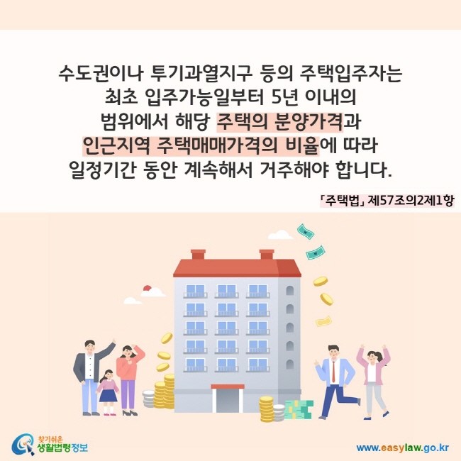 수도권이나 투기과열지구 등의 주택입주자는 최초 입주가능일부터 5년 이내의 범위에서 해당 주택의 분양가격과 인근지역 주택매매가격의 비율에 따라 일정기간 동안 계속해서 거주해야 합니다.(「주택법」 제57조의2제1항) 찾기쉬운 생활법령정보(www.easylaw.go.kr)