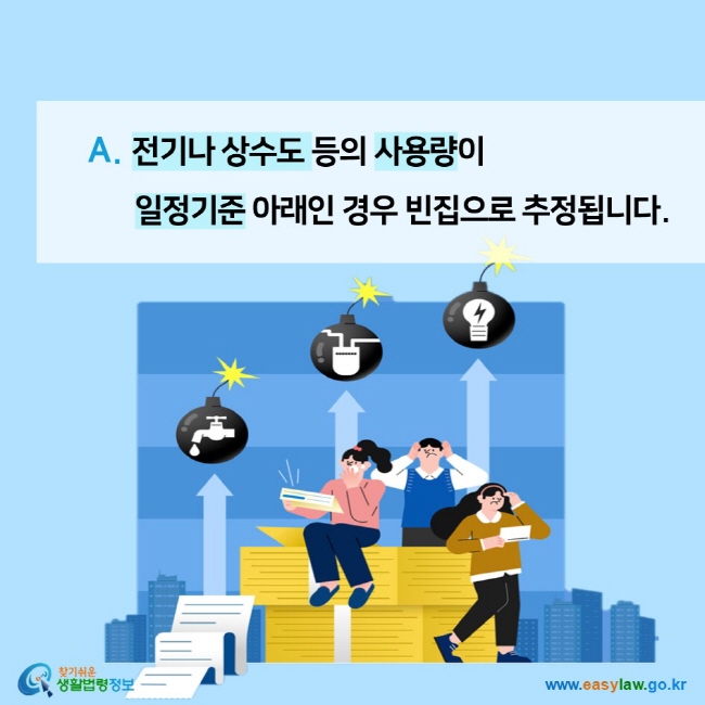 A. 전기나 상수도 등의 사용량이 일정기준 아래인 경우 빈집으로 추정됩니다.찾기쉬운 생활법령정보 (www.easylaw.go.kr)