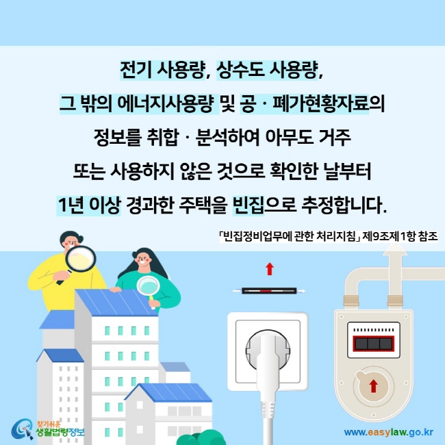 전기 사용량, 상수도 사용량,  그 밖의 에너지사용량 및 공ㆍ폐가현황자료의  정보를 취합ㆍ분석하여 아무도 거주  또는 사용하지 않은 것으로 확인한 날부터  1년 이상 경과한 주택을 빈집으로 추정합니다. 「빈집정비업무에 관한 처리지침」 제9조제1항 참조찾기쉬운 생활법령정보 (www.easylaw.go.kr)