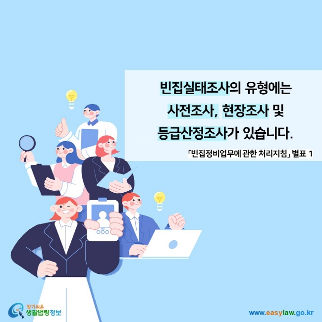 빈집실태조사의 유형에는  사전조사, 현장조사 및  등급산정조사가 있습니다. 「빈집정비업무에 관한 처리지침」 별표 1 찾기쉬운 생활법령정보 (www.easylaw.go.kr)