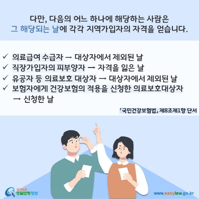 다만, 다음의 어느 하나에 해당하는 사람은 그 해당되는 날에 각각 지역가입자의 자격을 얻습니다.
의료급여 수급자 → 대상자에서 제외된 날
직장가입자의 피부양자 → 자격을 잃은 날
유공자 등 의료보호 대상자 → 대상자에서 제외된 날
보험자에게 건강보험의 적용을 신청한 의료보호대상자 → 신청한 날
「국민건강보험법」 제8조제1항 단서
찾기쉬운 생활법령정보(www.easylaw.go.kr)