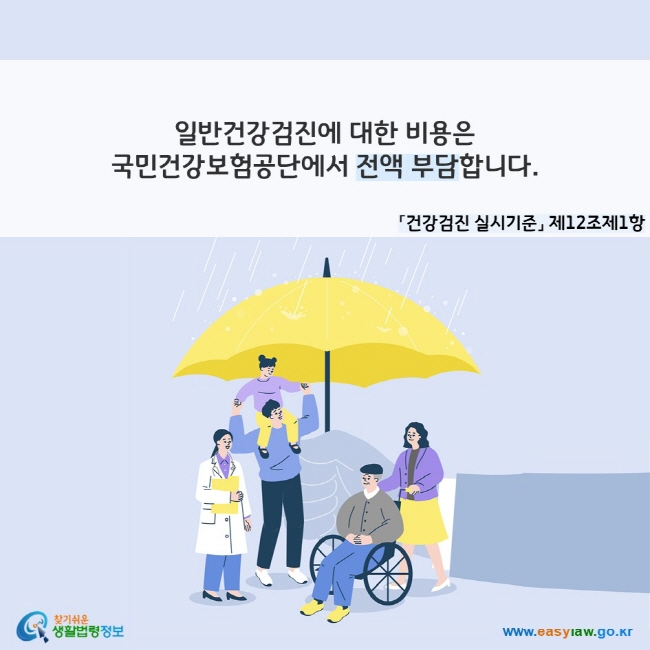 일반건강검진에 대한 비용은 국민건강보험공단에서 전액 부담합니다. 「건강검진 실시기준」 제12조제1항
찾기쉬운 생활법령정보(www.easylaw.go.kr)