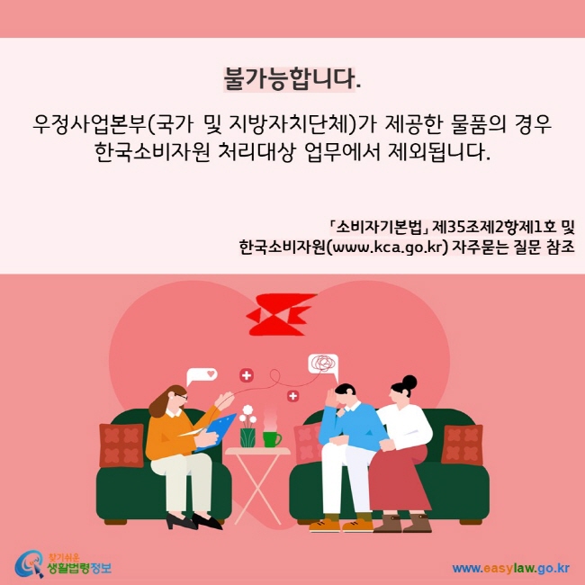 불가능합니다. 우정사업본부(국가 및 지방자치단체)가 제공한 물품의 경우  한국소비자원 처리대상 업무에서 제외됩니다. 「소비자기본법」 제35조제2항제1호 및  한국소비자원(www.kca.go.kr) 자주묻는 질문 참조