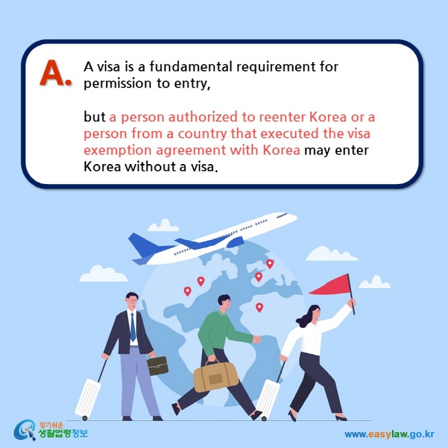 A visa is a fundamental requirement for permission to entry,   but a person authorized to reenter Korea or a person from a country that executed the visa exemption agreement with Korea may enter Korea without a visa.