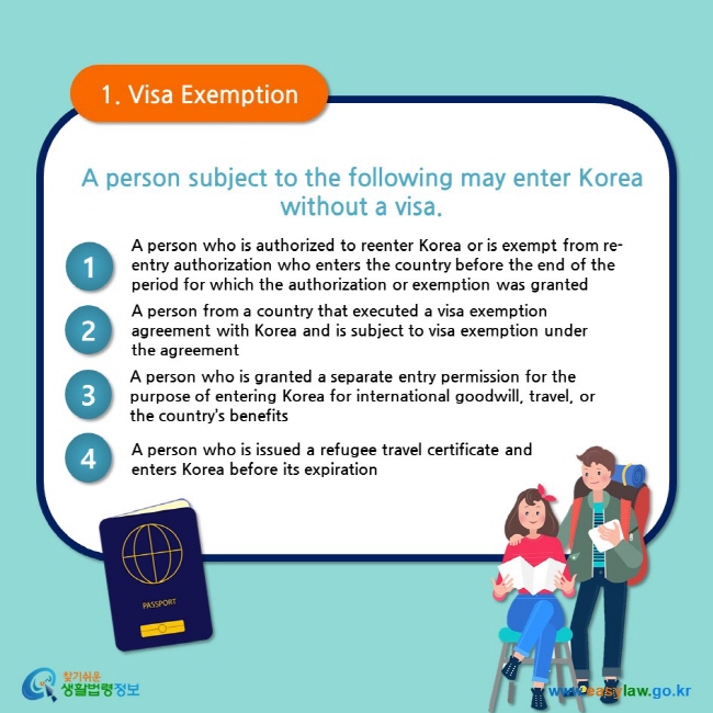 1. Visa Exemption  A person subject to the following may enter Korea without a visa.  1. A person who is authorized to reenter Korea or is exempt from re-entry authorization who enters the country before the end of the period for which the authorization or exemption was granted  2. A person from a country that executed a visa exemption agreement with Korea and is subject to visa exemption under the agreement  3. A person who is granted a separate entry permission for the purpose of entering Korea for international goodwill, travel, or the country’s benefits  4. A person who is issued a refugee travel certificate and enters Korea before its expiration
