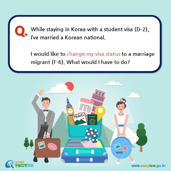 While staying in Korea with a student visa (D-2), I’ve married a Korean national.   I would like to change my visa status to a marriage migrant (F-6). What would I have to do?