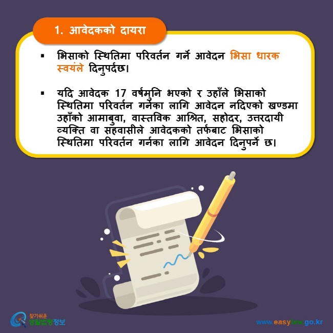 1. आवेदकको दायरा भिसाको स्थितिमा परिवर्तन गर्ने आवेदन भिसा धारक स्वयंले दिनुपर्दछ।  यदि आवेदक 17 वर्षमुनि भएको र उहाँले भिसाको स्थितिमा परिवर्तन गर्नका लागि आवेदन नदिएको खण्डमा उहाँको आमाबुवा, वास्तविक आश्रित, सहोदर, उत्तरदायी व्यक्ति वा सहवासीले आवेदकको तर्फबाट भिसाको स्थितिमा परिवर्तन गर्नका लागि आवेदन दिनुपर्ने छ। 