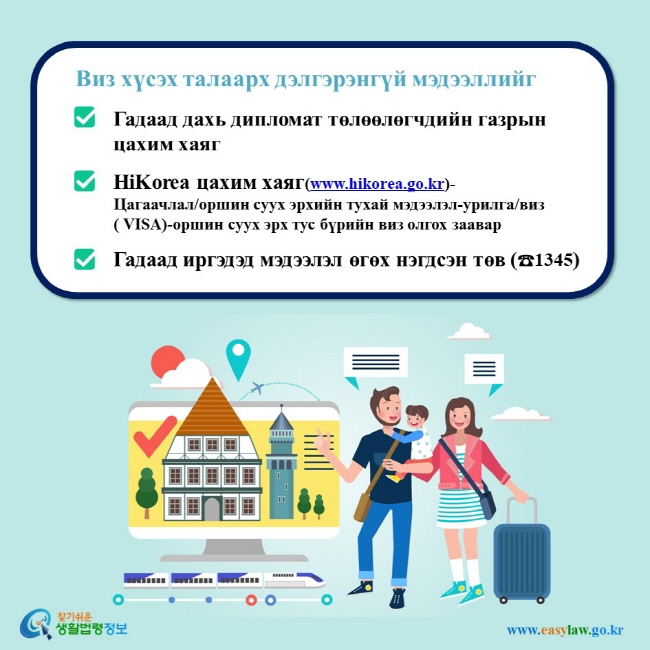 Виз хүсэх талаарх дэлгэрэнгүй мэдээллийг Гадаад дахь дипломат төлөөлөгчдийн газрын цахим хаяг HiKorea цахим хаяг(www.hikorea.go.kr)-Цагаачлал/оршин суух эрхийн тухай мэдээлэл-урилга/виз ( VISA)-оршин суух эрх тус бүрийн виз олгох заавар Гадаад иргэдэд мэдээлэл өгөх нэгдсэн төв (☎1345)