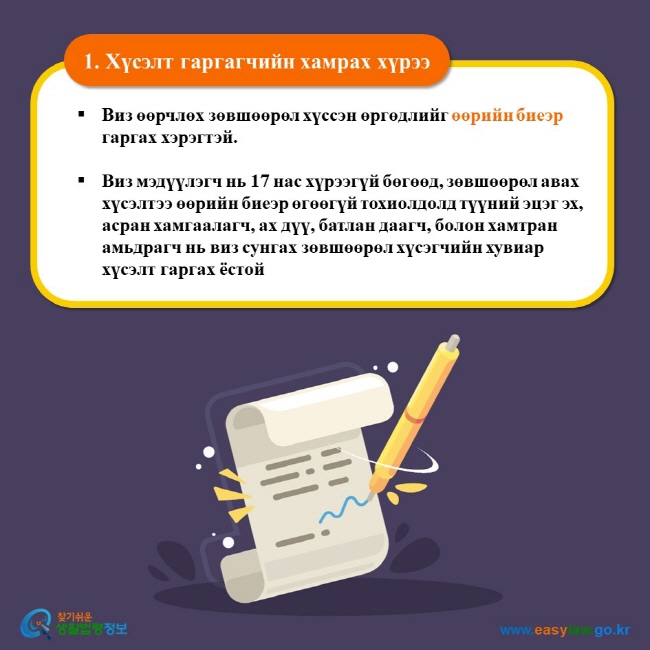 1. Хүсэлт гаргагчийн хамрах хүрээ Виз өөрчлөх зөвшөөрөл хүссэн өргөдлийг өөрийн биеэр гаргах хэрэгтэй.   Виз мэдүүлэгч нь 17 нас хүрээгүй бөгөөд, зөвшөөрөл авах хүсэлтээ өөрийн биеэр өгөөгүй тохиолдолд түүний эцэг эх, асран хамгаалагч, ах дүү, батлан даагч, болон хамтран амьдрагч нь виз сунгах зөвшөөрөл хүсэгчийн хувиар хүсэлт гаргах ёстой