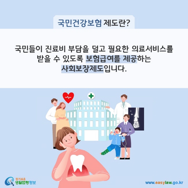 국민건강보험 제도란? 국민들이 진료비 부담을 덜고 필요한 의료서비스를 
받을 수 있도록 보험급여를 제공하는 사회보장제도입니다.
찾기쉬운 생활법령정보(www.easylaw.go.kr)